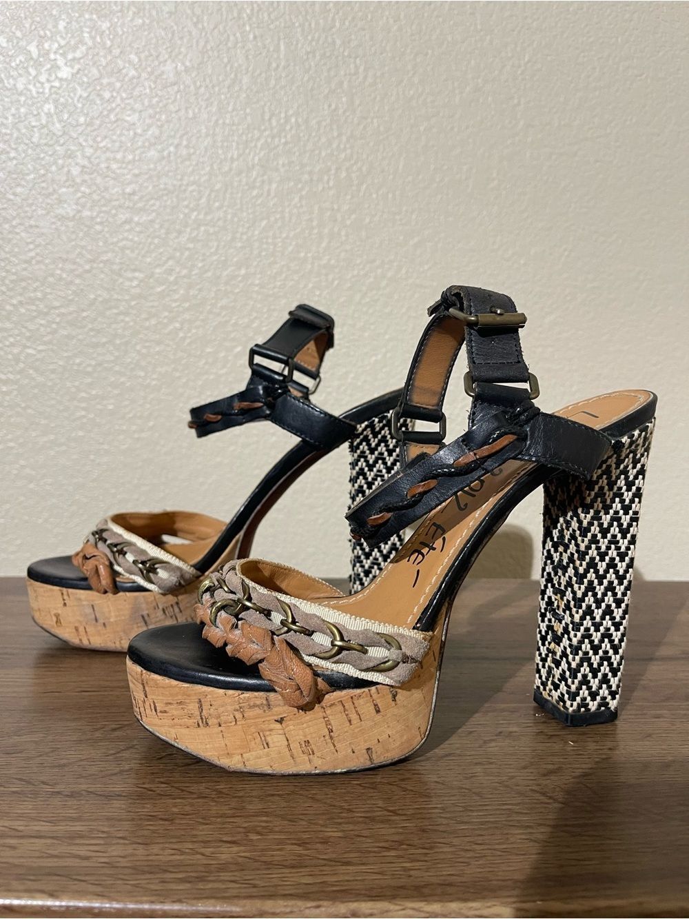 Lanvin Black, Tan & Cream Braided Cork Platform Sandals